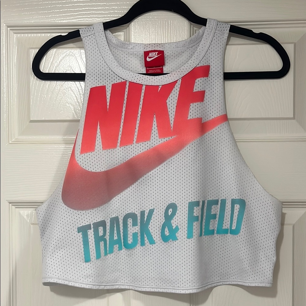 Nike White Crop Top with coral & teal logo